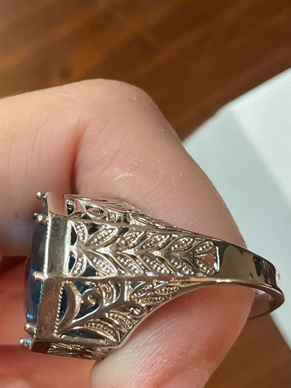 Art Deco Revival Sterling Silver Open Filigree Blue Crystal Ring Size 7